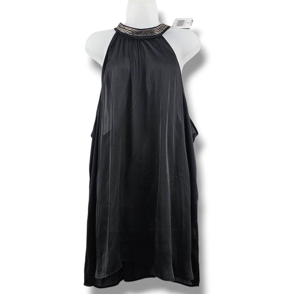 Torrid Black Halter Top Size 5X Beaded Neckline Lightweight Satin Dressy‎ NEW